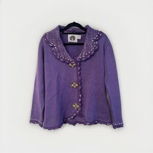 RARE Storybook Knits Small Purple Sweater Cardigan Beading Scalloped Grandmacore